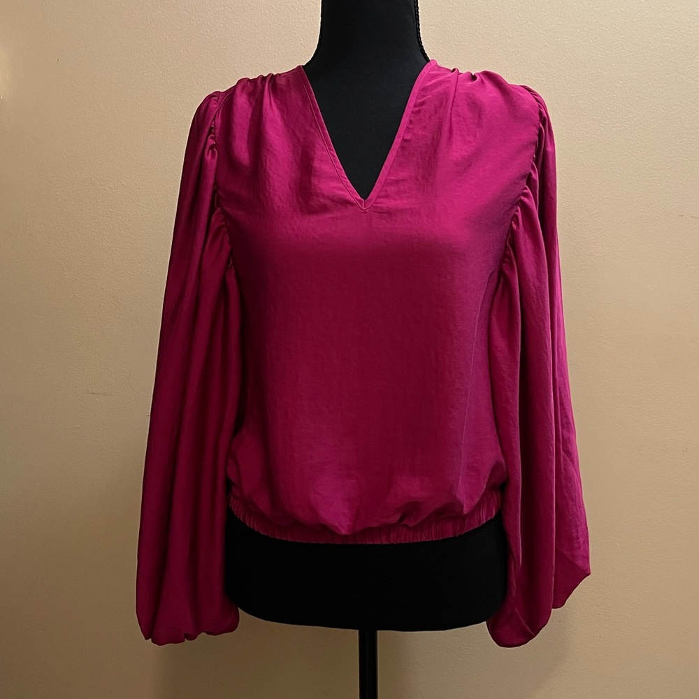 Express Balloon Sleeve V-Neck Blouse - Color Pink - Size Small